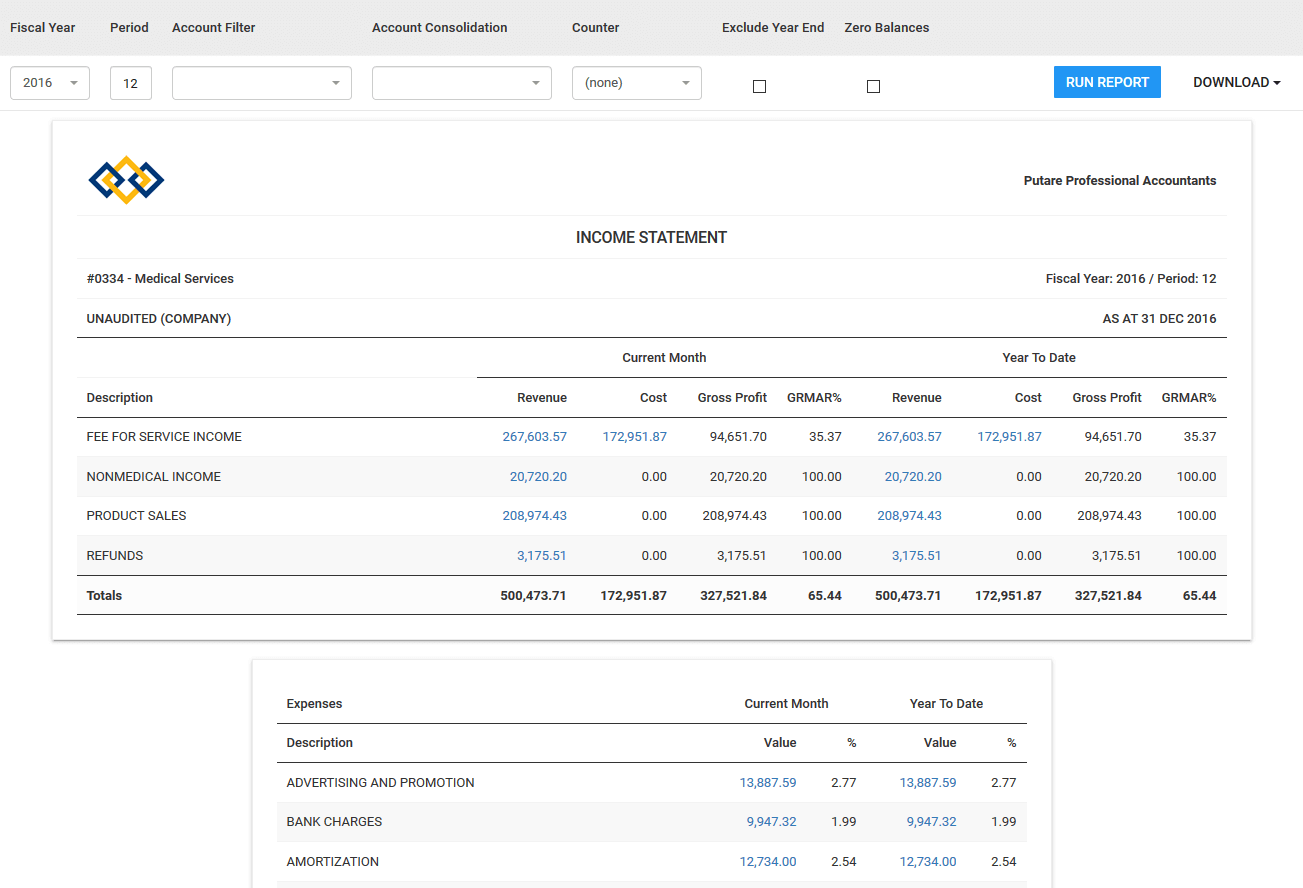 General Ledger Income Statement Report